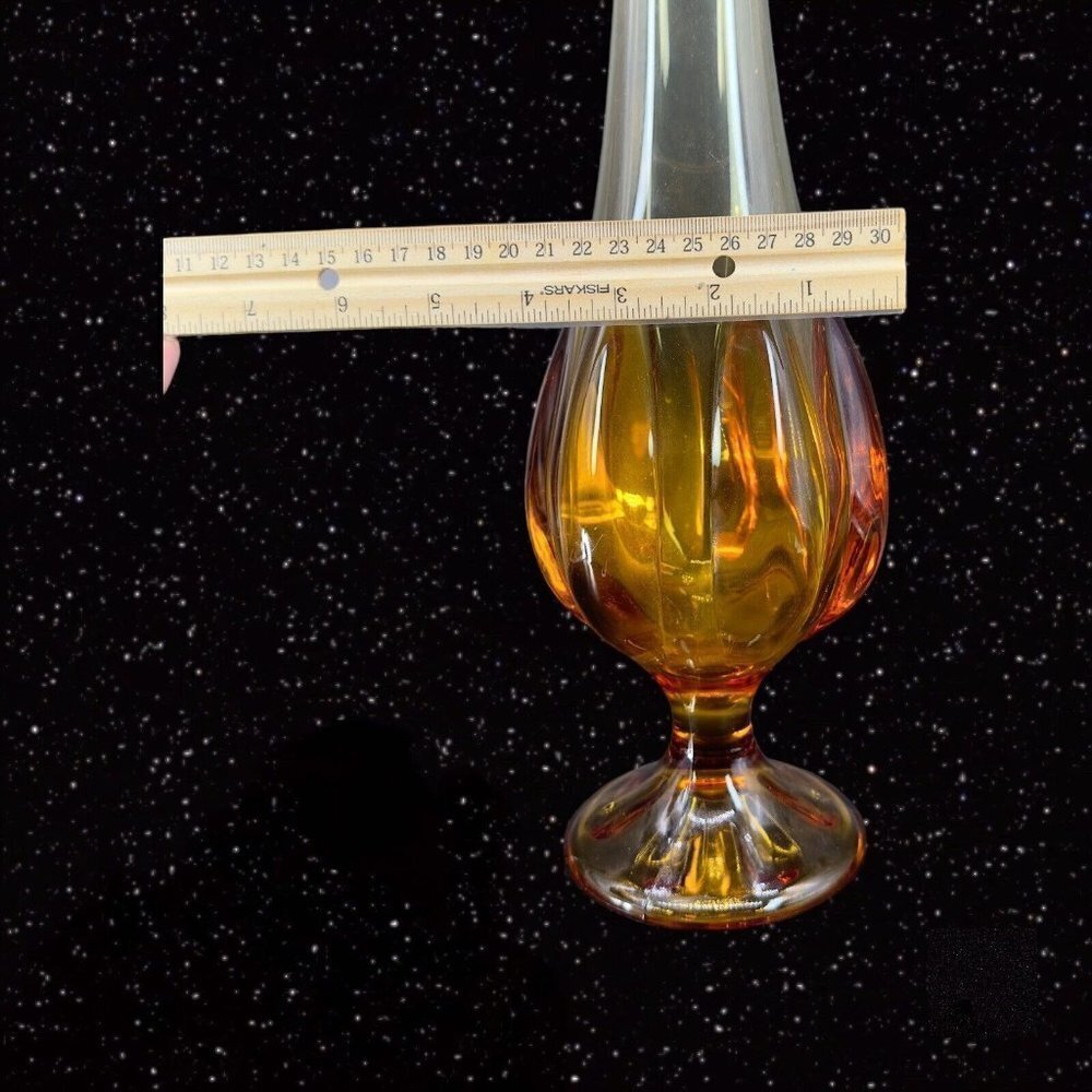 Viking Amber Stretch Swung 6 Petal Art Glass Vase Tall MCM Vintage 18"Tall 1.5"W - Picture 10 of 14